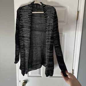 Eileen Fisher Womens Sweater Linen Top Lagenlook Cardigan Stripe Black Sz 2XL